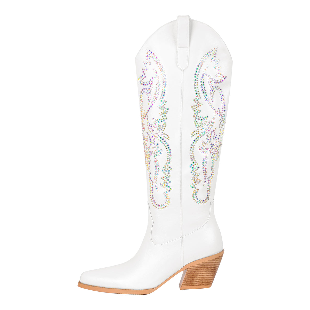 Rhinestone Embroidery Zipper White Western Boots – Missheel