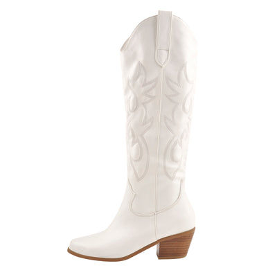 White Embroidery Wooden Heel Western Boots – Missheel