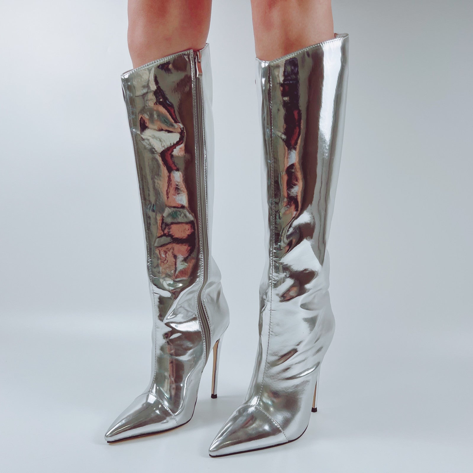 Metallic Leather Stiletto Knee High Boots – Missheel