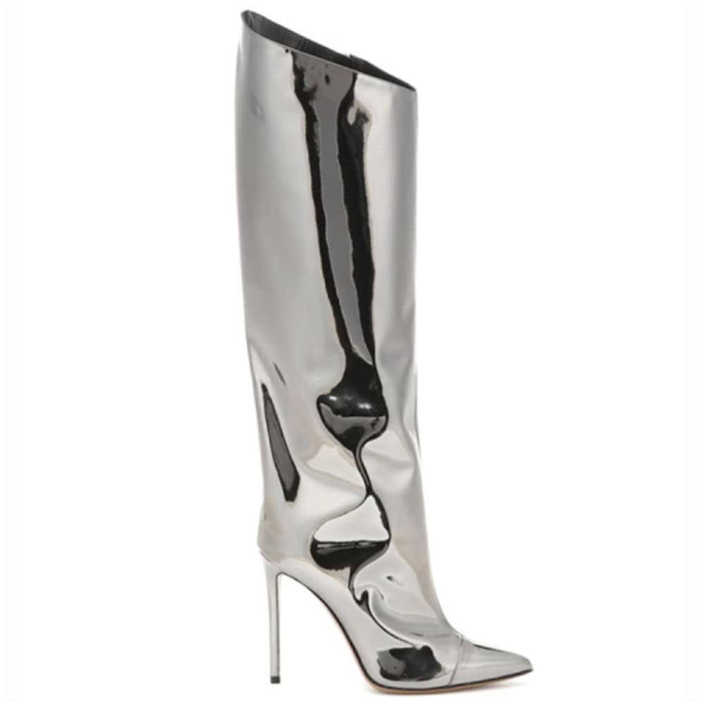 Metallic Leather Stiletto Knee High Boots – Missheel